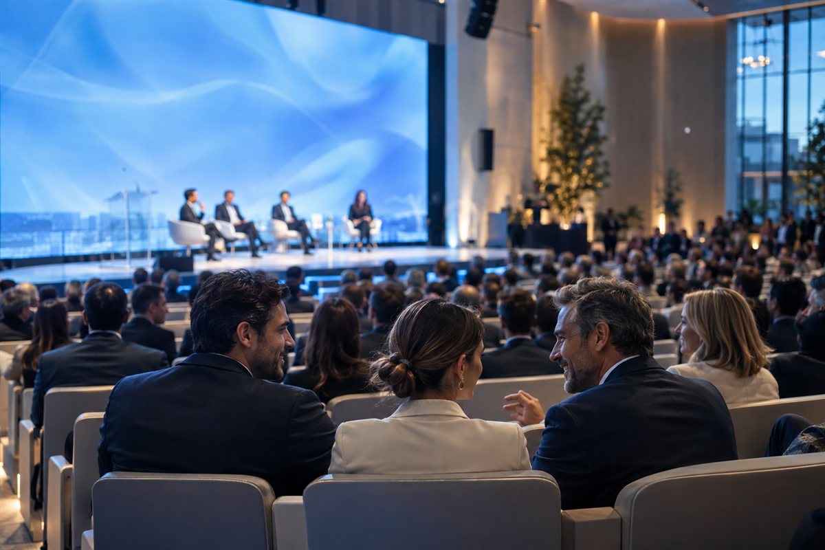 Asistentes conversando en un congreso con un escenario iluminado en azul