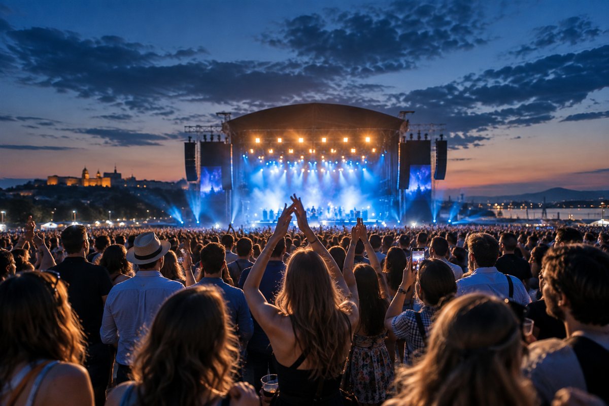 Público disfrutando de un festival al aire libre al anochecer