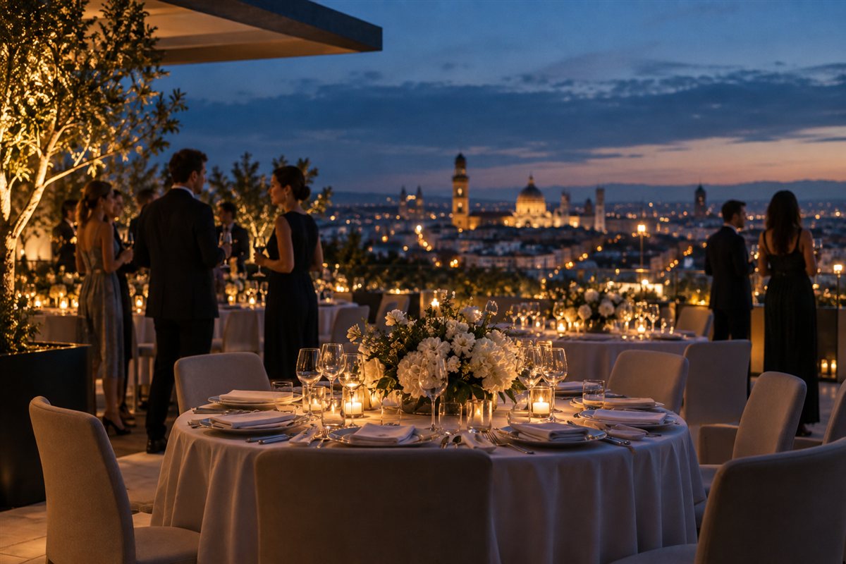 Cena de gala en una terraza con mesas iluminadas por velas
